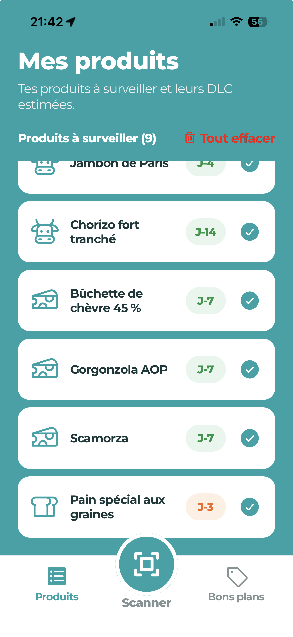 Capture réelle de l'application Frigloo